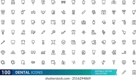 Conjunto de iconos de contorno de trazo editable dental. Dentista, cuidado, enfermedad, blanqueamiento dental, extracción, rotura, tratamiento de conductos, relleno dental y muelas del juicio. Colección de iconos lineales. Ilustración vectorial