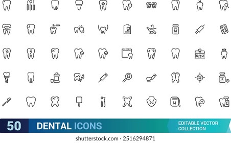 Conjunto de iconos de contorno de trazo editable dental. Dentista, cuidado, enfermedad, blanqueamiento dental, extracción, rotura, tratamiento de conductos, relleno dental y muelas del juicio. Colección de iconos lineales. Ilustración vectorial