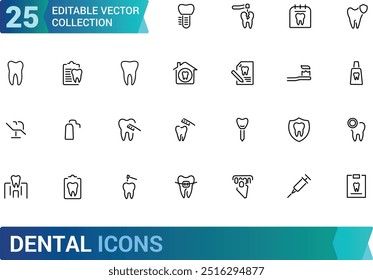 Conjunto de iconos de contorno de trazo editable dental. Dentista, cuidado, enfermedad, blanqueamiento dental, extracción, rotura, tratamiento de conductos, relleno dental y muelas del juicio. Colección de iconos lineales. Ilustración vectorial