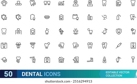 Conjunto de iconos de contorno de trazo editable dental. Dentista, cuidado, enfermedad, blanqueamiento dental, extracción, rotura, tratamiento de conductos, relleno dental y muelas del juicio. Colección de iconos lineales. Ilustración vectorial