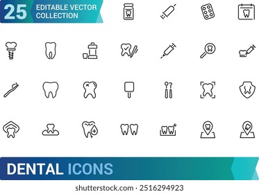 Conjunto de iconos de contorno de trazo editable dental. Dentista, cuidado, enfermedad, blanqueamiento dental, extracción, rotura, tratamiento de conductos, relleno dental y muelas del juicio. Colección de iconos lineales. Ilustración vectorial