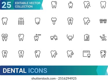 Conjunto de iconos de contorno de trazo editable dental. Dentista, cuidado, enfermedad, blanqueamiento dental, extracción, rotura, tratamiento de conductos, relleno dental y muelas del juicio. Colección de iconos lineales. Ilustración vectorial