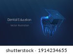 Dental education for the dentist. future profession Futuristic tooth and graduation cap.online educational course concept. plexus. vector illustration, point, low poly, on a blue background. wireframe