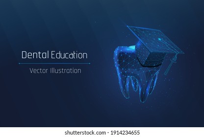 Dental education for the dentist. future profession Futuristic tooth and graduation cap.online educational course concept. plexus. vector illustration, point, low poly, on a blue background. wireframe