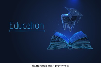 Dental education for the dentist. future profession Futuristic tooth and graduation cap and open book cover. online education course concept. plexus. vector illustration, dot, low poly,