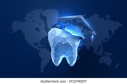 Dental education for the dentist. Futuristic polygonal 3d illustration of graduation cap on world map background. Online educational course