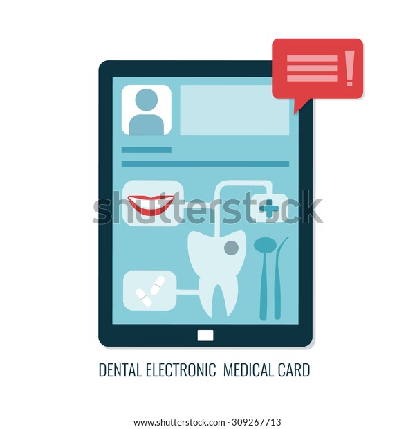 Dental electronic medical\
card on tablet device. Digital medical card. Vector icon in flat\
design.