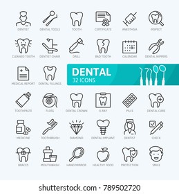 Dental elements - minimal thin line web icon set. Outline icons collection. Simple vector illustration.