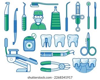Dental elements set with orthodontic appliances and dentist instruments. Stomatology clinic services equipment in line art design including dentistry tools and oral hygiene appliances.
