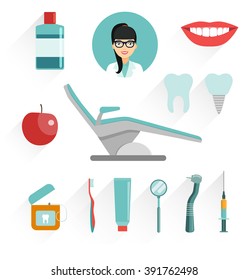 Dental elements, dental tools, dental chair. Flat vector illustration