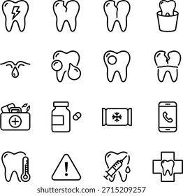 Dental Emergency Icon Set - Vector Illustration of Toothache, Fracture  First Aid Outline Symbols.eps
