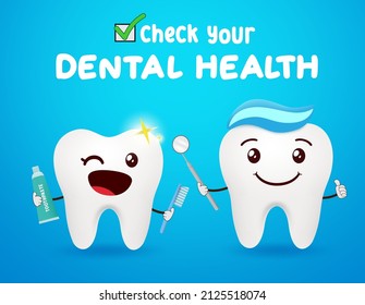 Dental Emoji Teeth Vector Design. Check Your Dental Health Text With Kid And Dentist Tooth Emojis Character For Clean And Healthy Oral Health Care. Vector Illustration.
