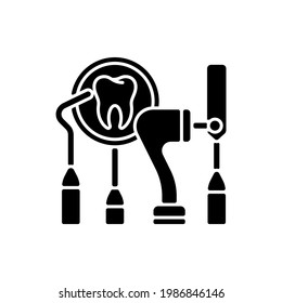 Dental equipment black glyph icon. Dental procedures. Instruments for dental treatment. Cosmetic dentistry. City family dentistry. Silhouette symbol on white space. Vector isolated illustration