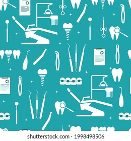 Dental equipment. Dental chair, examination form, instruments for examination, treatment, prosthetics, tooth extraction, implants, braces. Background with icons of the dental clinic. Seamless pattern