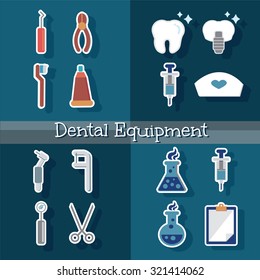 dental equipment doctor tools tooth teeth dentistry kit toothbrush prosthetic tooth implant icons assorted pluggers explorer carvers retainer clamp and syringe scissor dental floss vector illustration