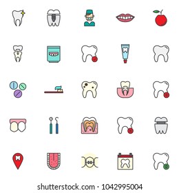 Dental equipment filled outline icons set, line vector symbol collection, linear colorful pictogram pack. Signs, logo illustration, Set includes icons as clean tooth, dental implant, dentist doctor