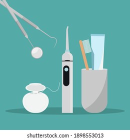 Dental equipment. Oral equipment at home. Hygene nesecceties in the bathroom. Dental and dentistry concept.