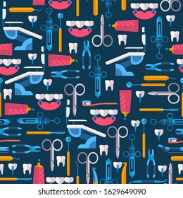 Dental equipment and oral hygiene tools in seamless pattern vector illustration. Isolated flat style icons of dental care items, stomatology instruments dentistry healthcare. Print for paper or fabric