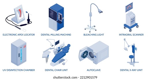 Dental equipment set of isometric compositions with xray unit intraoral scanner autoclave apex locator isolated vector illustration