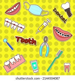 Dental equipment and dental treatment stickers. Hygienic mask, syringe, toothpaste, toothbrush, and tooth extraction. Doodle vector illustration.