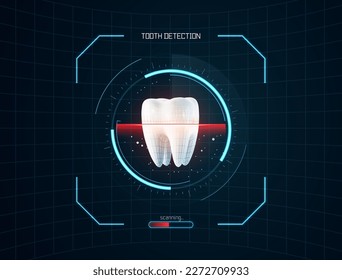 Dental exam innovation science research. 3d vector tooth scanning x-ray with wireframe with futuristic HUD design elements on dark background.