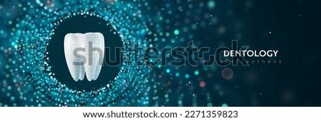Dental exam innovation science research. 3d vector tooth with wireframe on abstract light dots background.