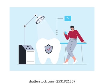 Exame dentário por dentista com proteção máxima, ilustração de vetor dentista.