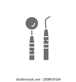 Dental examination kit, dental instruments grey icon.