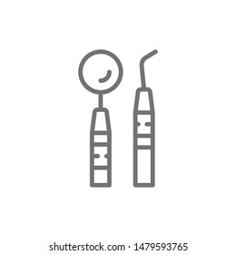Dental examination kit, dental instruments line icon.