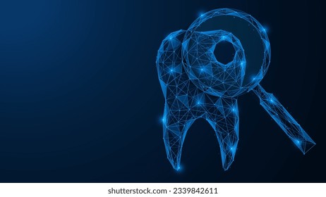 Dental examination. A magnifying glass detects caries in the tooth. Polygonal design of interconnected lines and points. Blue background.