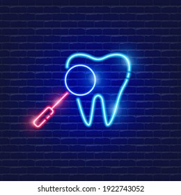 Icono de neón de examen dental. Cartel para la clínica odontológica. Concepto de ortodoncia.