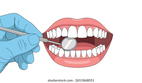 Exame dentário de boca aberta mostrando dentes e gengivas com ferramenta de dentista