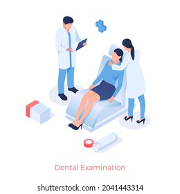 Dental examination and prophylaxis. Doctor examines patients mouth. Treatment and therapy of teeth and gums. Procedure for healthcare caries and periodontal disease. Illustration vector isometry