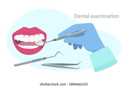 Dental examination quote. Stomatology concept. Dental healthcare. Dentist hold instruments in hands and examining patient's tooth with dental mirror. Vector illustration flat design. 