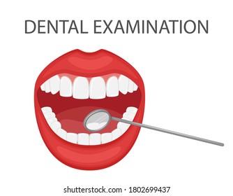 Dental examination of teeth with a mirror and tools. Professional preventive dental appointment. An open mouth with white teeth. Oral hygiene. Dental and oral care. Isolated flat vector illustration.