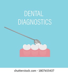 Dental examination of teeth with a mirror and tools. Professional preventive dental appointment. An open mouth with white teeth. Oral hygiene. Dental and oral care. Isolated flat vector illustration.