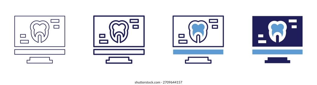 Icono de extracción dental en 4 estilos diferentes. Línea delgada, línea, línea en negrita, duotono. Estilo duotono. Trazo editable.
