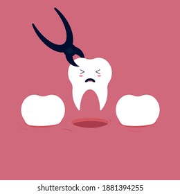 Dental extraction, tooth extraction, exodontia, exodontist, or informally, tooth pulling in cute illustration.