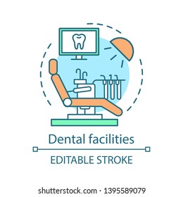 Dental facilities concept icon. Modern dentistry. Medical equipment. Patient chair, lamp, screen. Stomatological office idea thin line illustration. Vector isolated outline drawing. Editable stroke