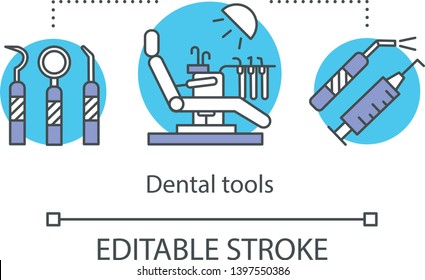 Dental facilities concept icon. Modern dentistry. Stomatological chair and instruments. Clinic office equipment idea thin line illustration. Vector isolated outline drawing. Editable stroke