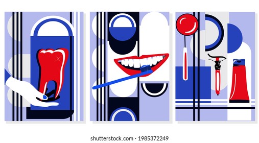 Moda dental.Set de afiches abstractos de arte pop con formas geométricas.Fondos de diseño mínimos.Cuidado oral, dientes de lavado, herramientas ortodoncicas y equipo médico.Decoración interior para clínica. Vector