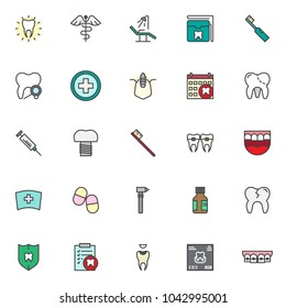 Dental filled outline icons set, line vector symbol collection, linear colorful pictogram pack. Signs, logo illustration, Set includes icons as healthy clean tooth, caduceus, dentist chair, brackets