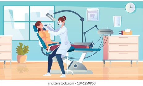 Dental filling flat composition with view of dental surgeons office with patient on chair and dentist vector illustration