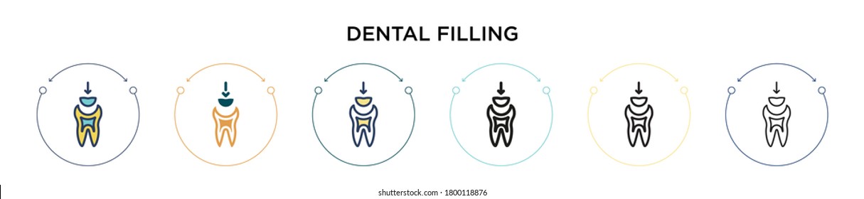 Dental filling icon in filled, thin line, outline and stroke style. Vector illustration of two colored and black dental filling vector icons designs can be used for mobile, ui, web