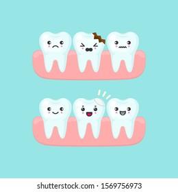 Dental filling on a broken tooth stomatology concept. Cute cartoon vector teeth isolated illustration