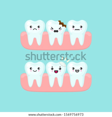 Dental filling on a broken tooth stomatology concept. Cute cartoon vector teeth isolated illustration