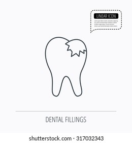 Dental fillings icon. Tooth restoration sign. Linear outline icon. Speech bubble of dotted line. Vector