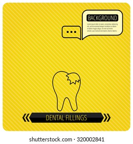 Dental fillings icon. Tooth restoration sign. Chat speech bubbles. Orange line background. Vector
