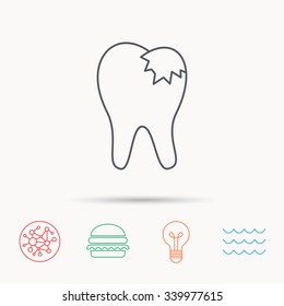 Dental fillings icon. Tooth restoration sign. Global connect network, ocean wave and burger icons. Lightbulb lamp symbol.