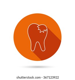 Dental fillings icon. Tooth restoration sign. Round orange web button with shadow.